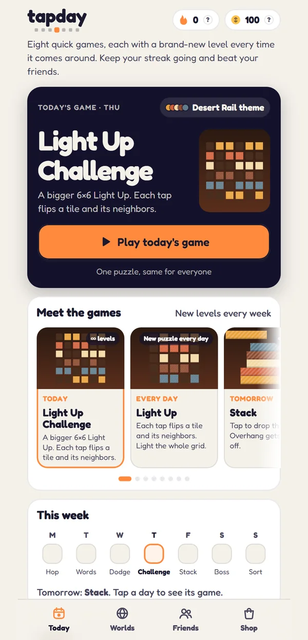 Tapday home screen showing today's game, Light Up Challenge